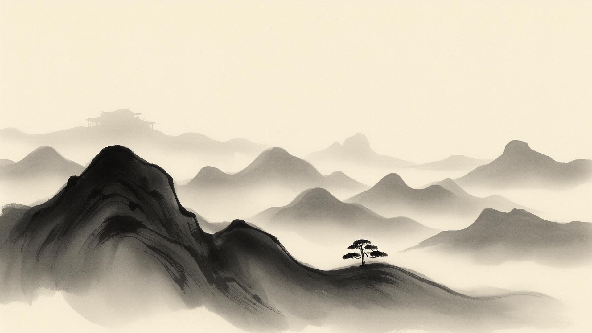 Distant mountains fading into morning mist